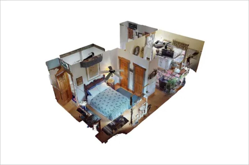 Professional 3D scanning camera capturing detailed measurements of an interior space with high precision technology
